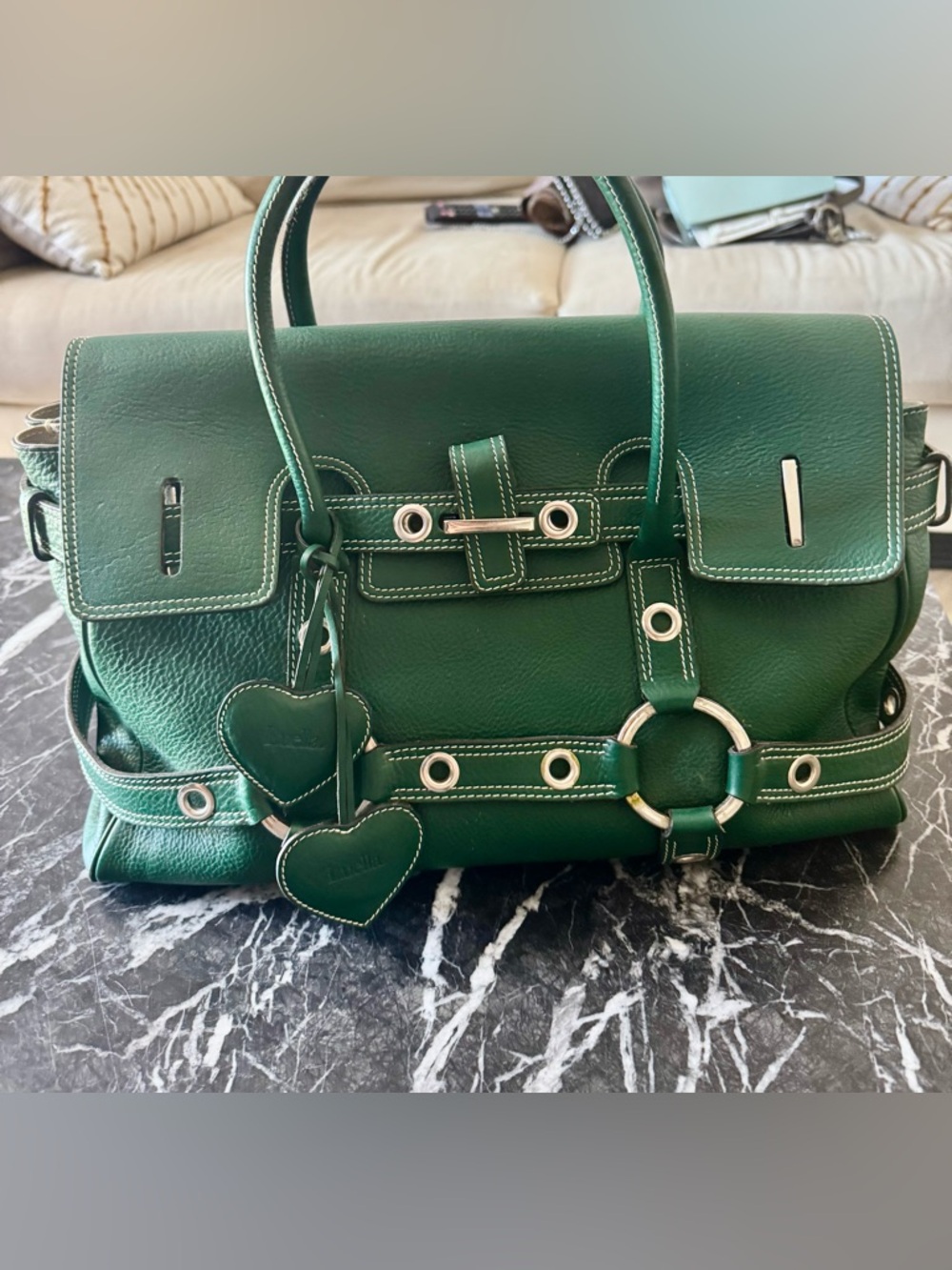 Luella Green Leather Satchel with Heart Charm Accents 100% Leather